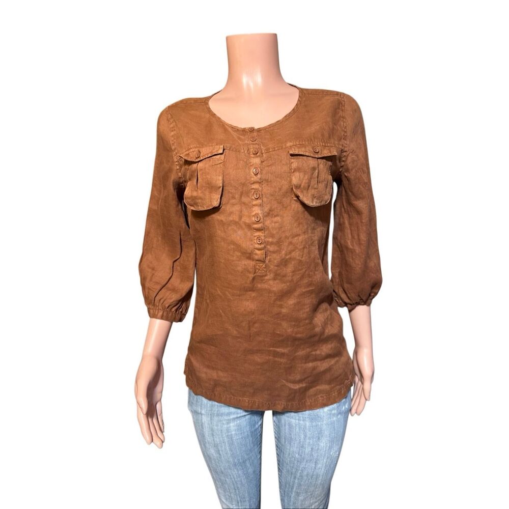 Pulp brown linen 3/4 sleeve henley pocket shirt M